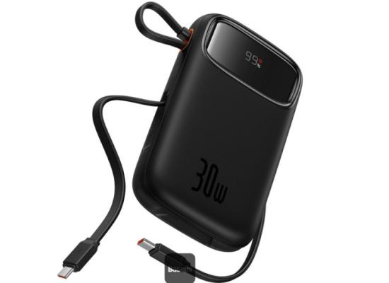 Baseus QPow2 10000mAh Digital Display Fast Charge Power Bank 30W With Built-in Dual Type-C Cable - Black